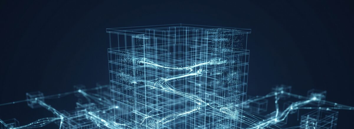 A hospital building rendered as a glowing 3D wireframe with live data streams flowing through its floors.