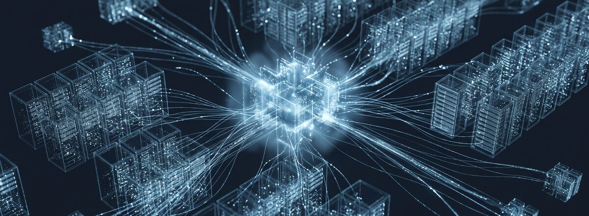 Datacenter server racks and network topology rendered as a luminous point-cloud spanning from edge to core.