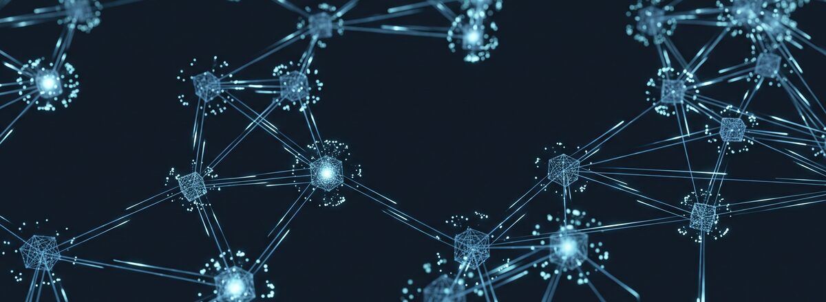 A mesh of edge devices and sensors shown as glowing connected nodes, with analytics happening at the edge.