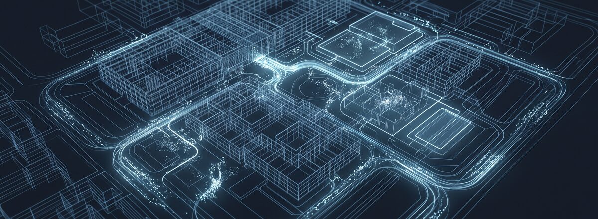 A building campus rendered as a glowing 3D wireframe with spatial monitoring overlays and traced movement paths.